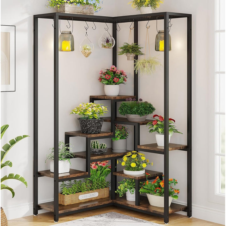 Tribesigns 70.9 Inch Corner Plant Stand 8 Tier Metal Shelf with S Hooks Indoor Image 1