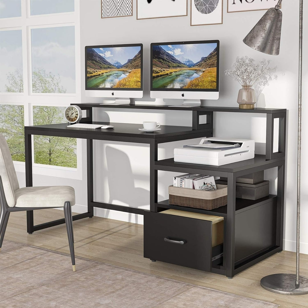 Tribesigns 60 inch Computer Desk with Storage Shelves and File Drawer, Large Home Office Desk with Monitor Stand Riser Image 1