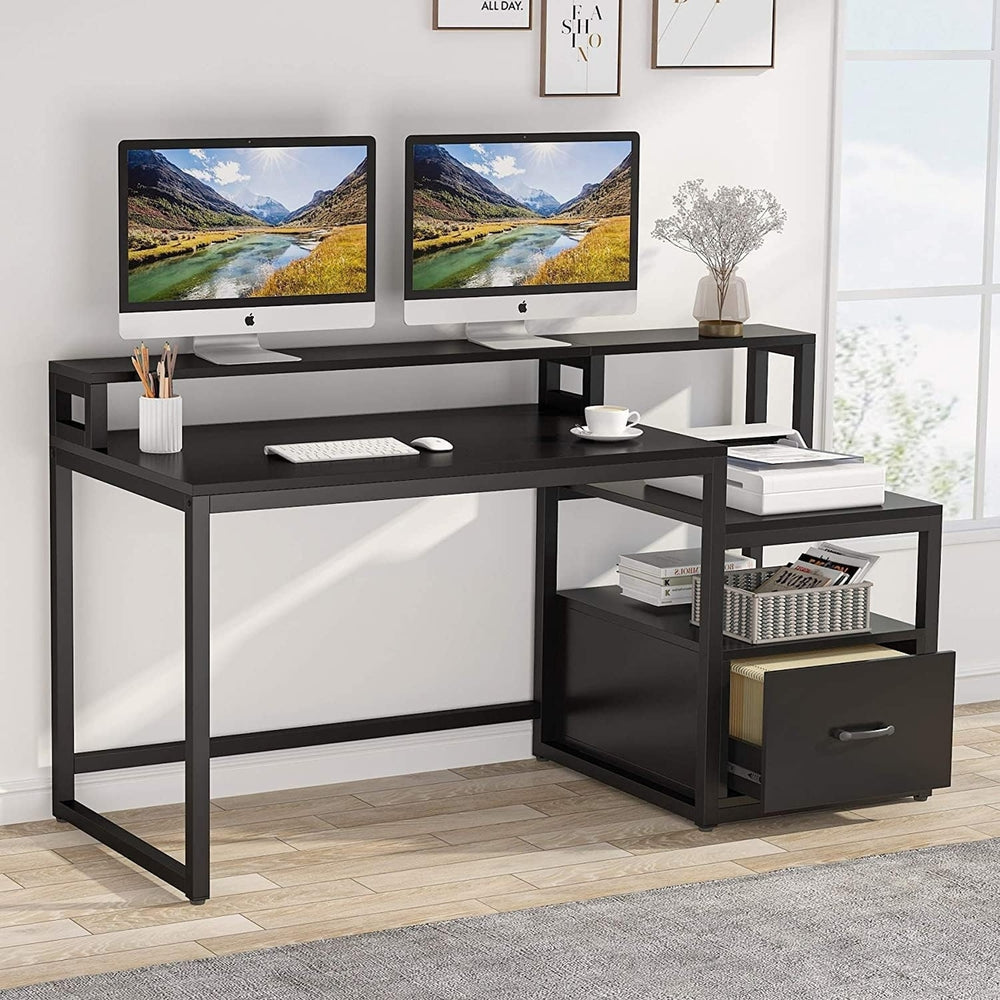 Tribesigns 60 inch Computer Desk with Storage Shelves and File Drawer, Large Home Office Desk with Monitor Stand Riser Image 2