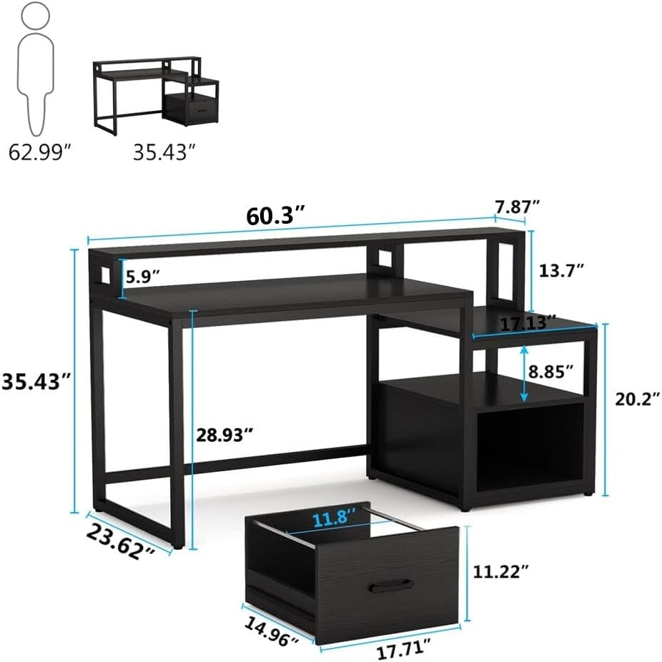 Tribesigns 60 inch Computer Desk with Storage Shelves and File Drawer, Large Home Office Desk with Monitor Stand Riser Image 6