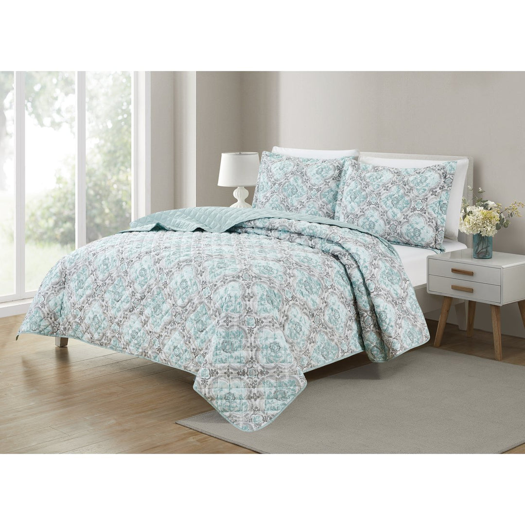 Bibb Home Reversible Quilt Set King Size Lightweight Diamond Pattern Microfiber Image 4