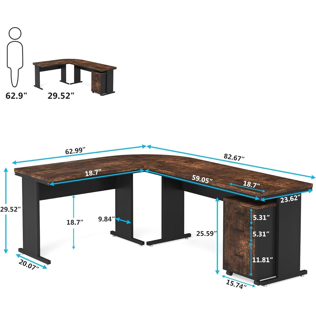 Tribesigns 83" L-Shaped Executive Desk with Mobile 3-Drawer File Cabinet Rustic Image 6