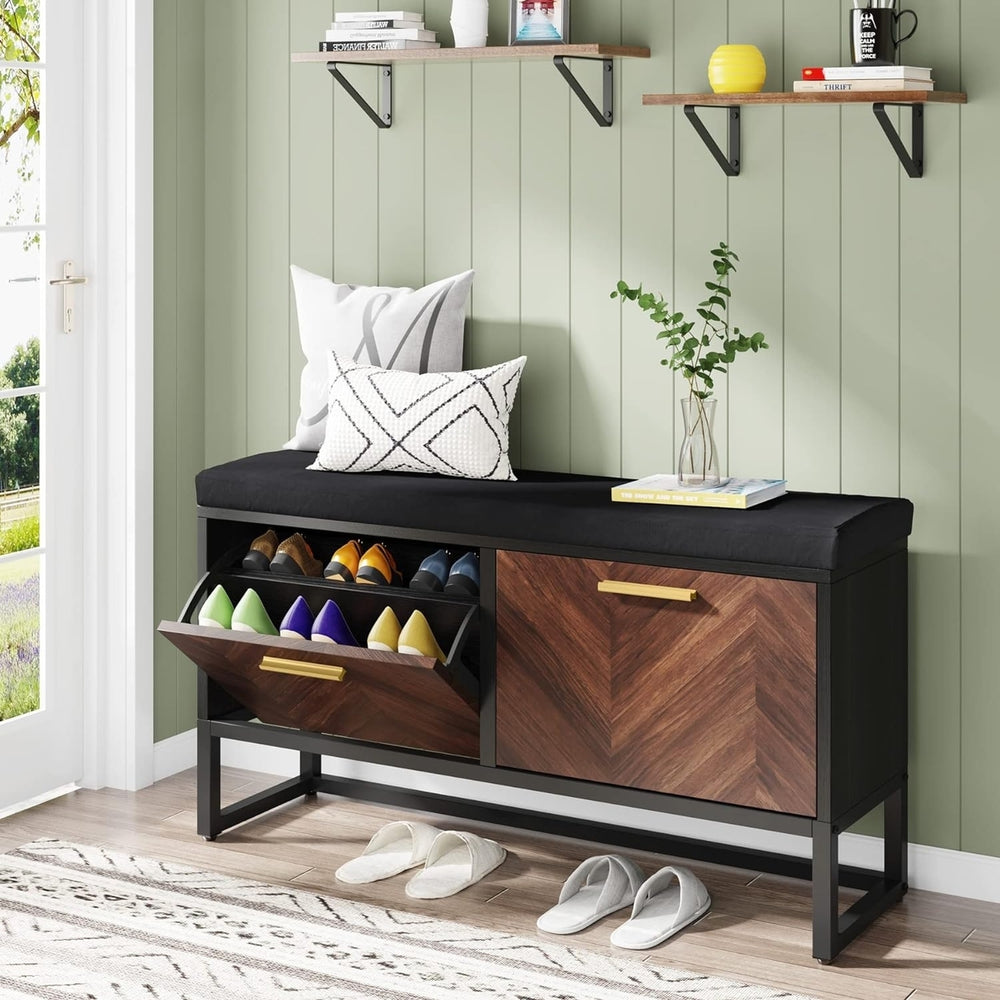 Tribesigns Shoe Storage Bench with Seat Cushion, Entryway Shoe Bench with 2 Flip Drawers, Hallway Bench with Shoe Image 2