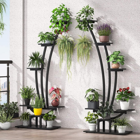 Tribesigns 6 Tier Metal Plant Stand Pack of 2, Multi-Purpose Curved Plant Display Shelf with 2 Hanging Hooks - Rustic Brown & Black