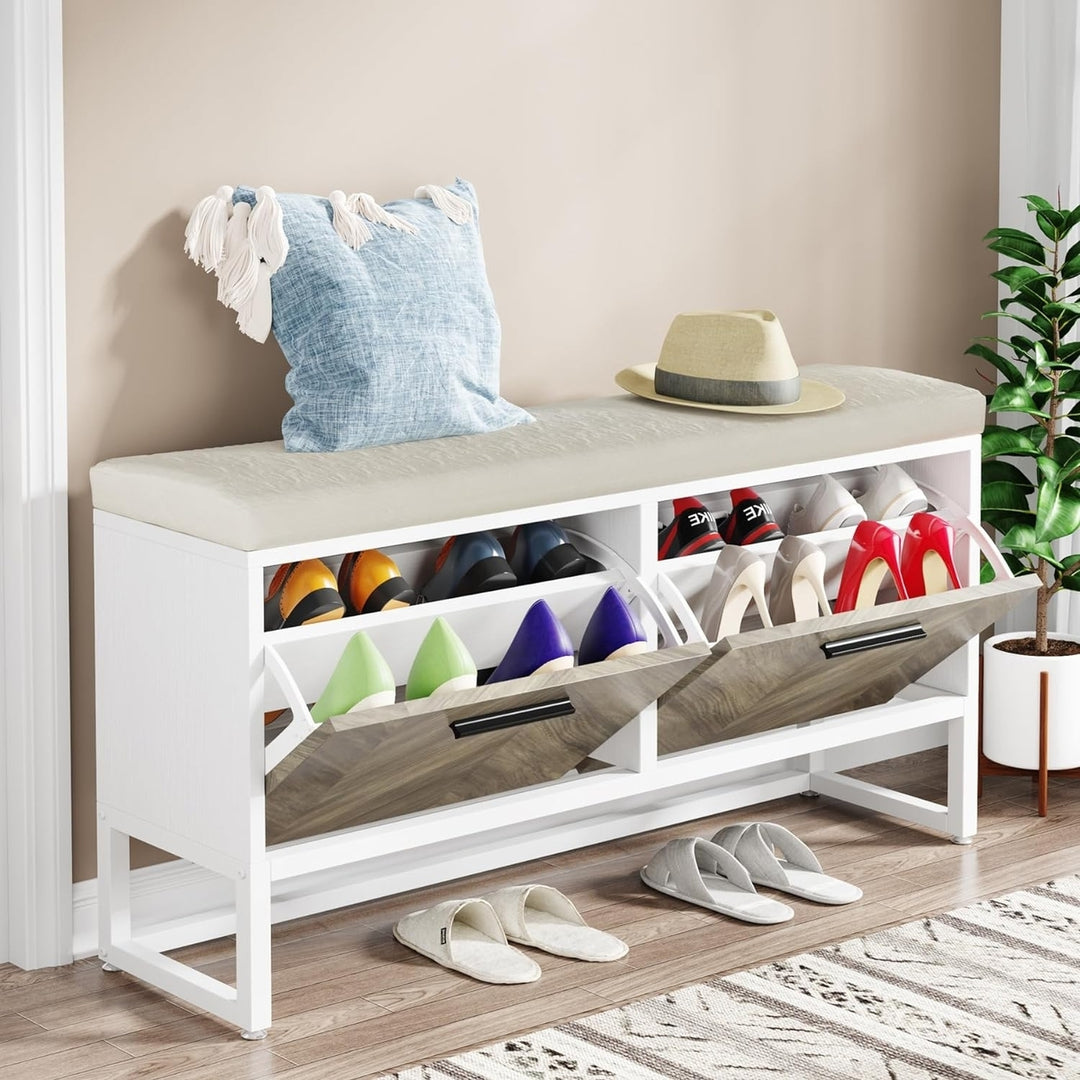 Tribesigns Shoe Storage Bench with Seat Cushion, Entryway Shoe Bench with 2 Flip Drawers, Hallway Bench with Shoe Image 7