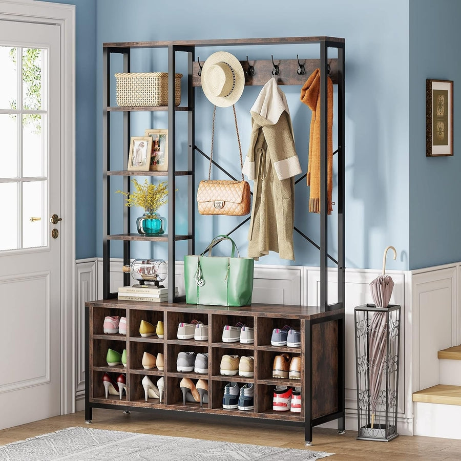 Tribesigns Entryway Hall Tree with Bench and Shoe Storage Shelves, Industrial Mudroom Bench with Shoe Storage and Coat Image 1