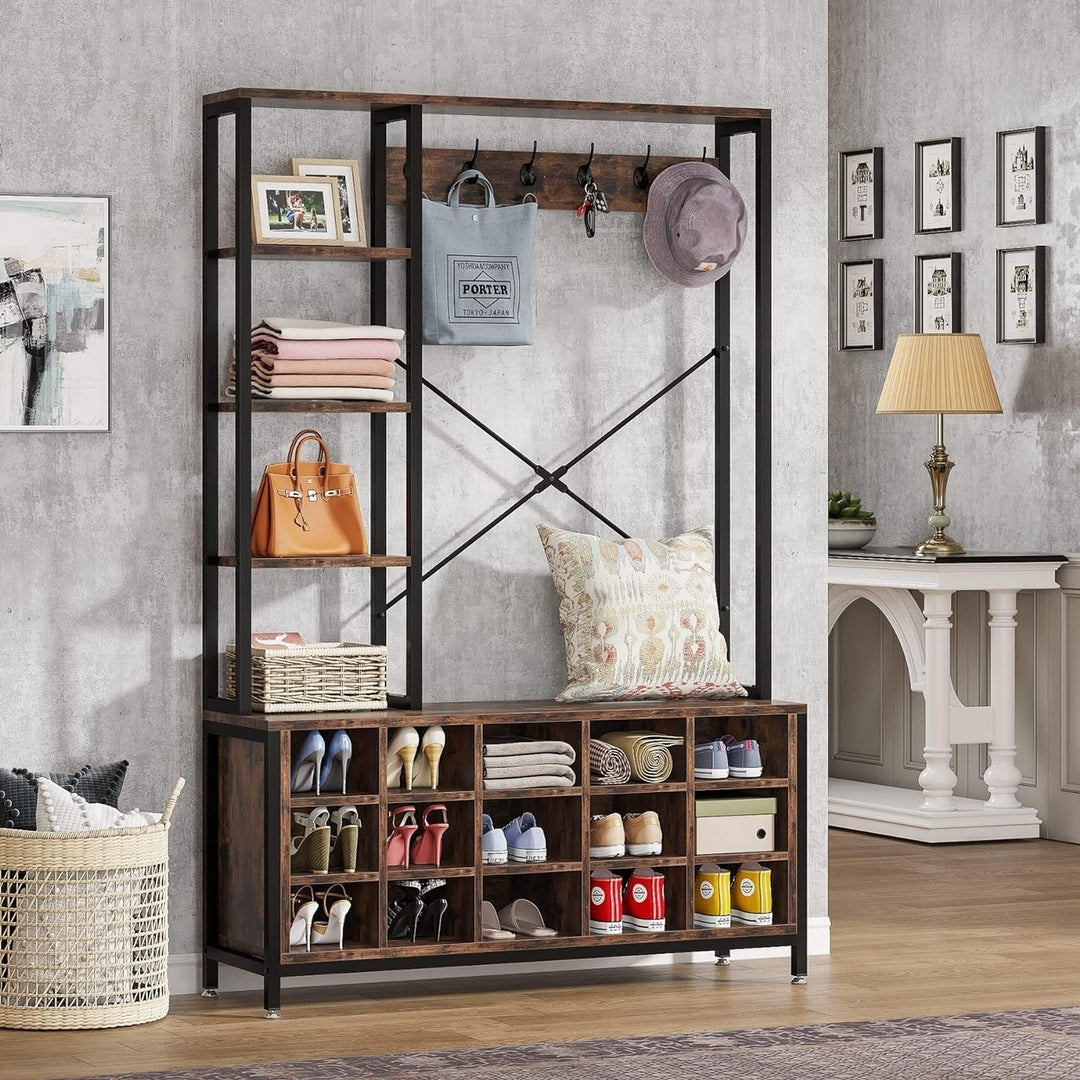 Tribesigns Entryway Hall Tree with Bench and Shoe Storage Shelves, Industrial Mudroom Bench with Shoe Storage and Coat Image 2