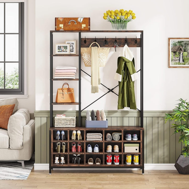 Tribesigns Entryway Hall Tree with Bench and Shoe Storage Shelves, Industrial Mudroom Bench with Shoe Storage and Coat Image 3