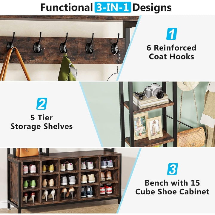 Tribesigns Entryway Hall Tree with Bench and Shoe Storage Shelves, Industrial Mudroom Bench with Shoe Storage and Coat Image 4