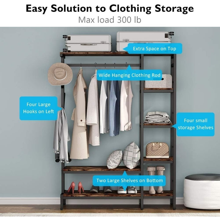 Tribesigns Free-standing Closet Organizer with Hooks, Heavy Duty Clothes Shelf Garment Rack with Shelves and Hanging Rod Image 4