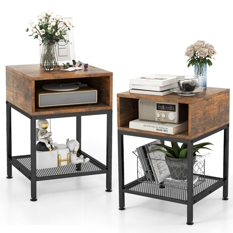 Set of 2 Industrial Nightstand End Side Table W/ Compartment and Mesh Shelf Image 1