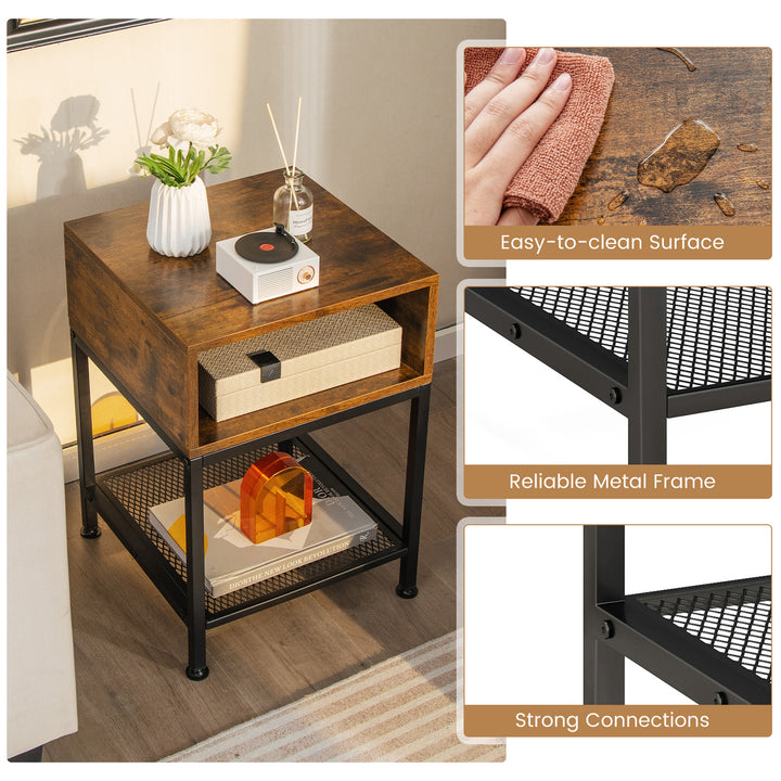 Set of 2 Industrial Nightstand End Side Table W/ Compartment and Mesh Shelf Image 8