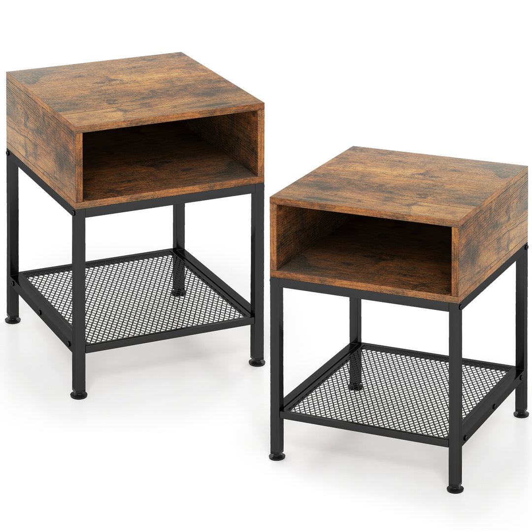 Set of 2 Industrial Nightstand End Side Table W/ Compartment and Mesh Shelf Image 9