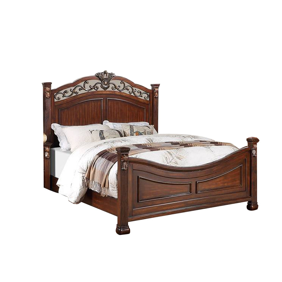 Aza Traditional Wood Queen Size Bed, Leaf Carvings, Rich Cherry Brown - Saltoro Sherpi Image 1