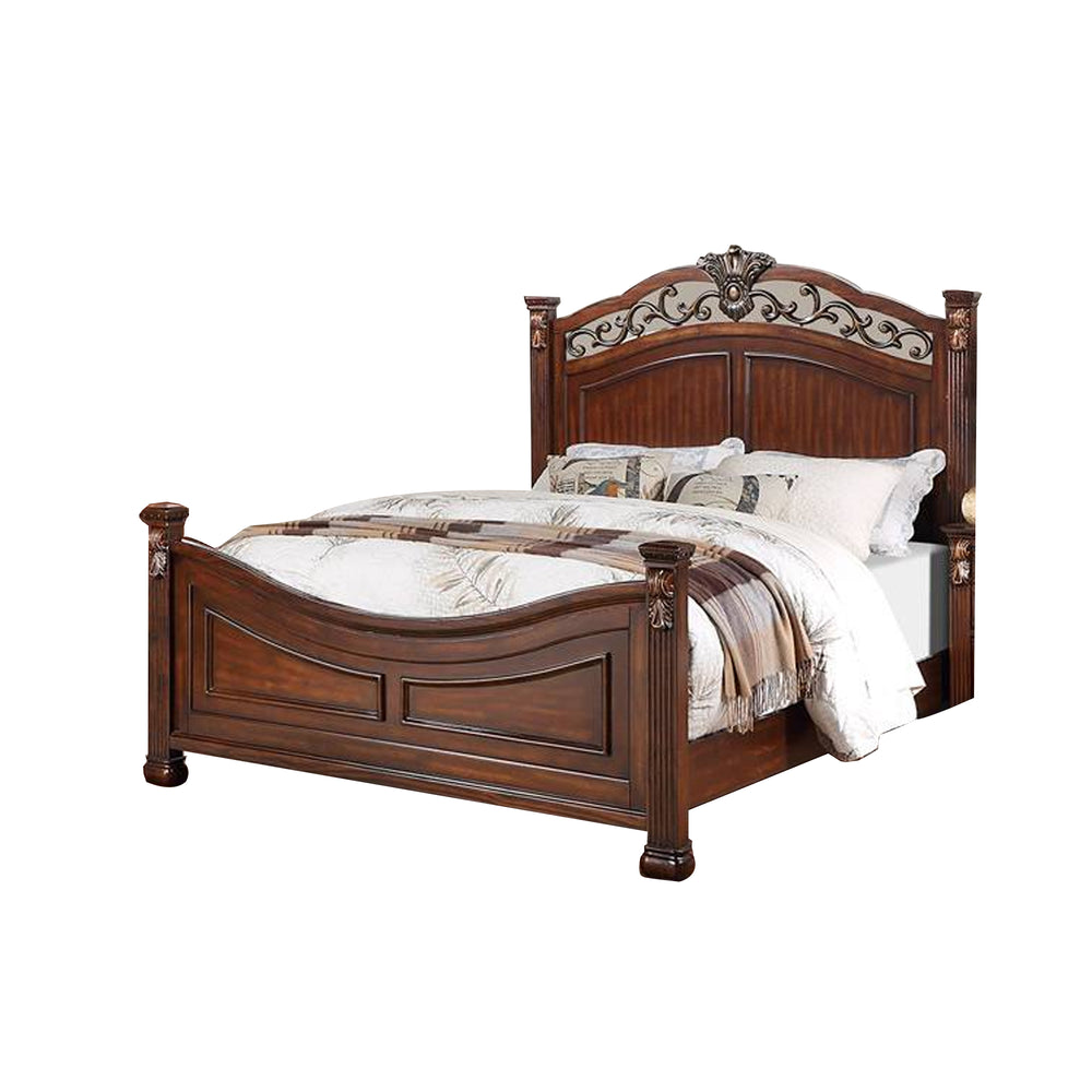 Aza Traditional Wood Queen Size Bed, Leaf Carvings, Rich Cherry Brown - Saltoro Sherpi Image 2