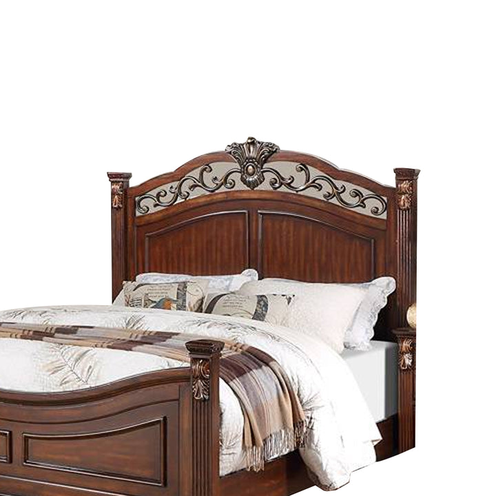 Aza Traditional Wood Queen Size Bed, Leaf Carvings, Rich Cherry Brown - Saltoro Sherpi Image 3