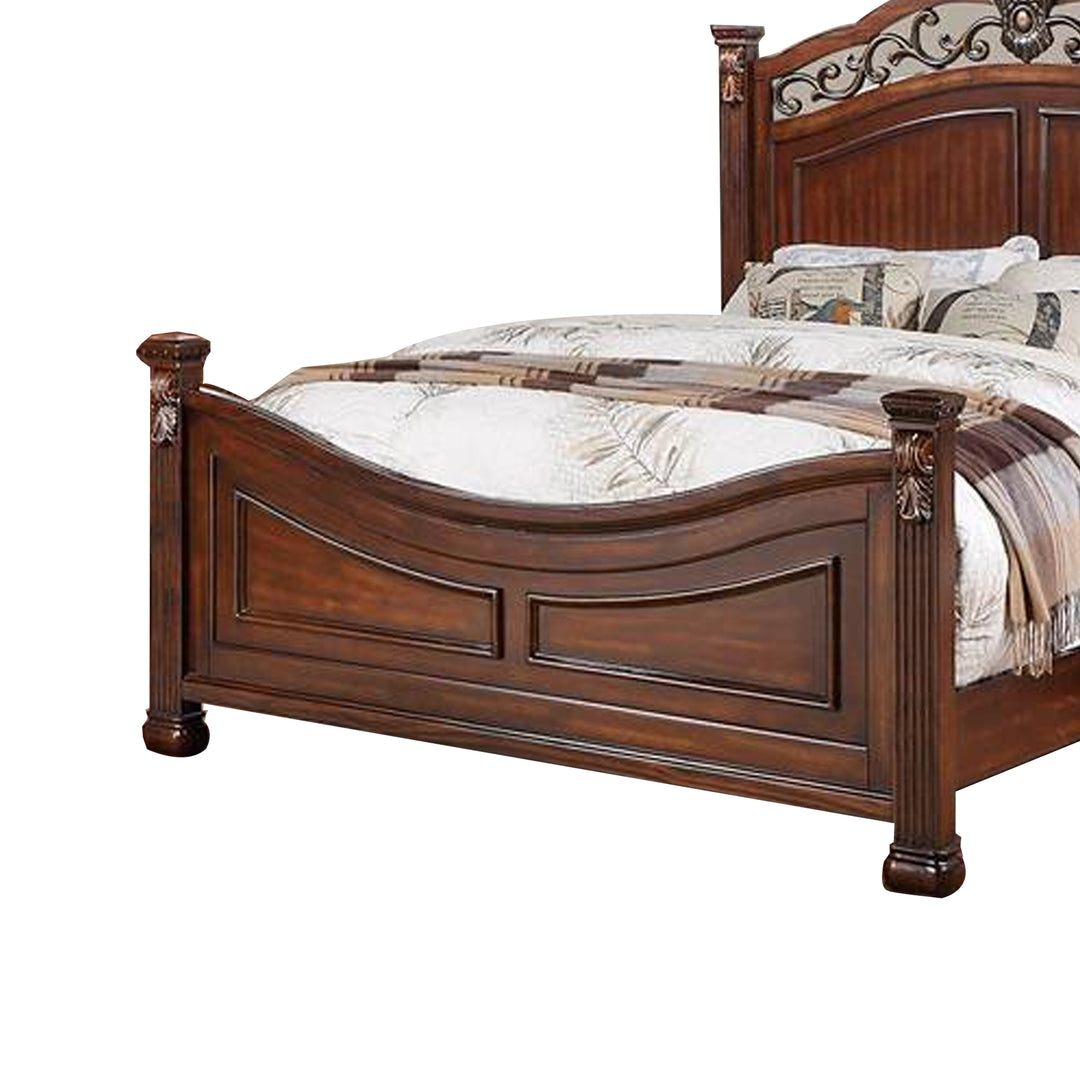 Aza Traditional Wood Queen Size Bed, Leaf Carvings, Rich Cherry Brown - Saltoro Sherpi Image 4