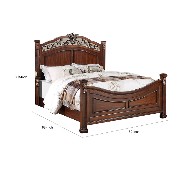 Aza Traditional Wood Queen Size Bed, Leaf Carvings, Rich Cherry Brown - Saltoro Sherpi Image 5