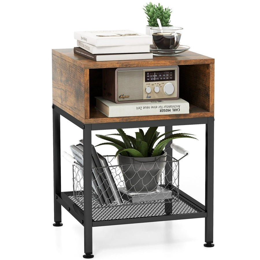 Industrial Nightstand End Side Table W/ Compartment and Mesh Shelf Rustic Brown Image 1