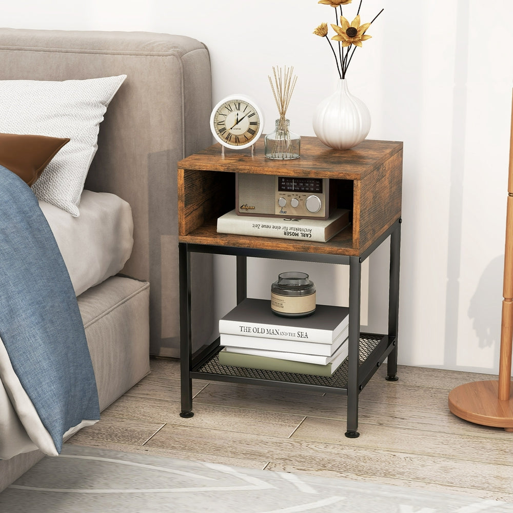 Industrial Nightstand End Side Table W/ Compartment and Mesh Shelf Rustic Brown Image 2