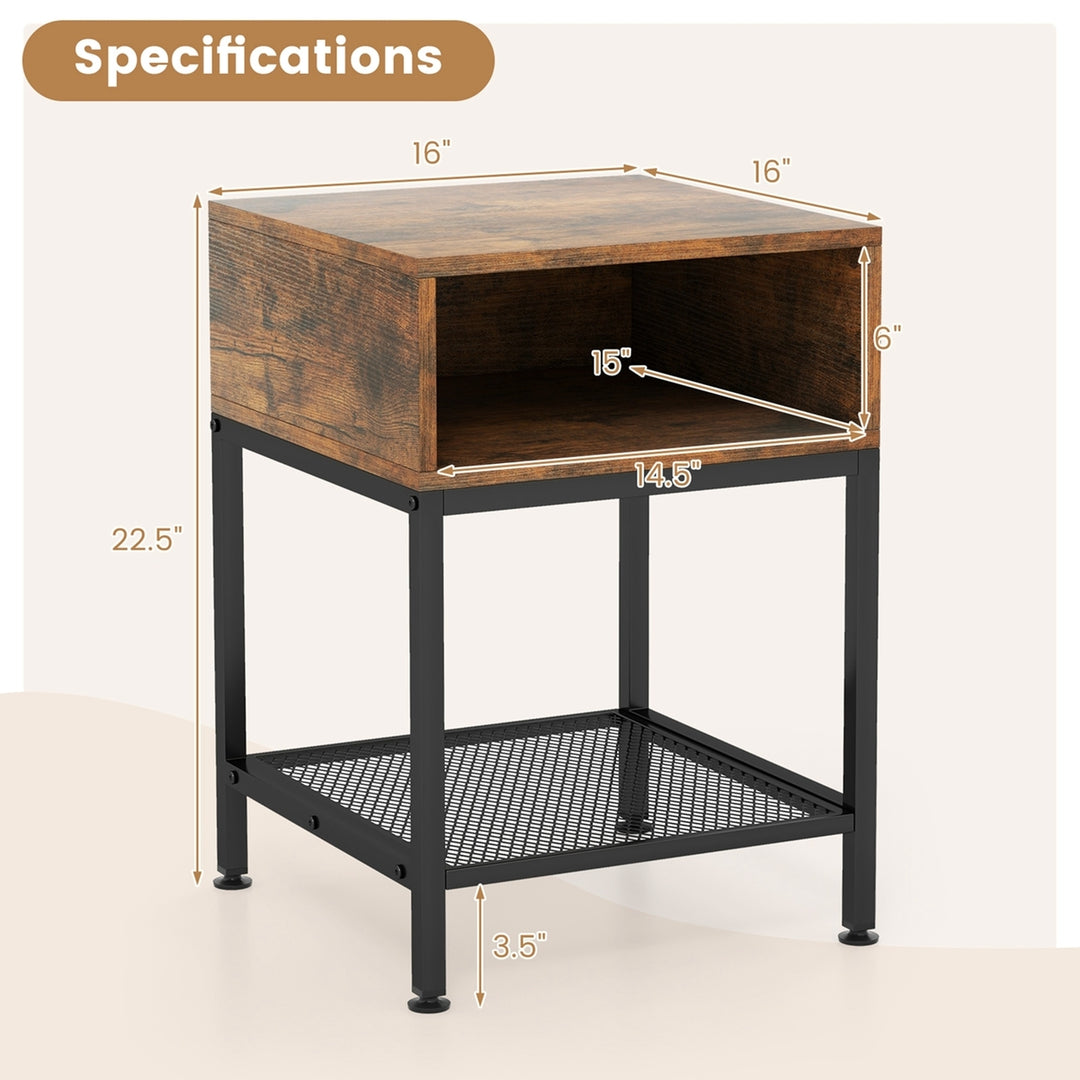 Industrial Nightstand End Side Table W/ Compartment and Mesh Shelf Rustic Brown Image 3