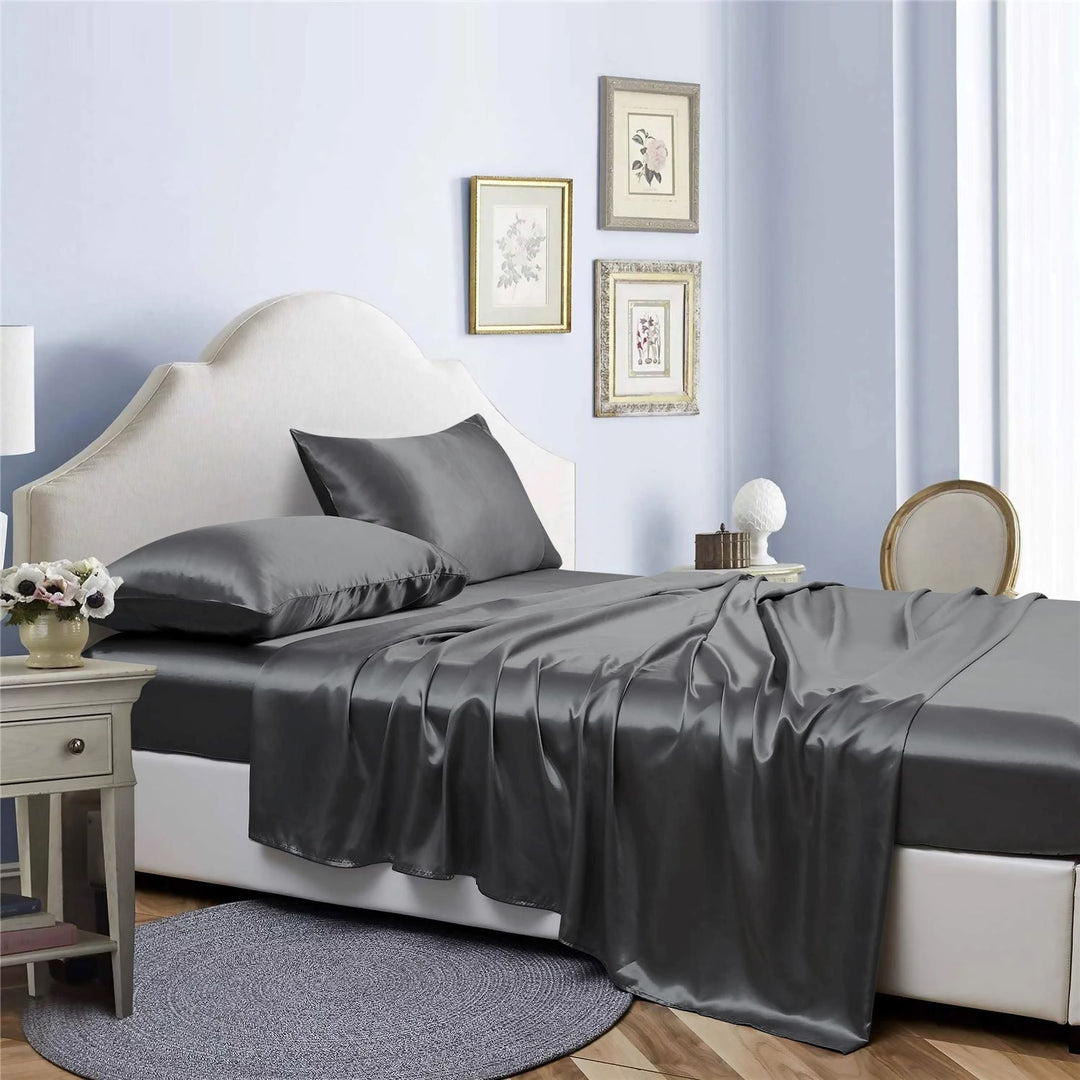 Bibb Home Satin 4 Piece Sheet Set Hypoallergenic 100% Polyester Deep Pocket Image 1