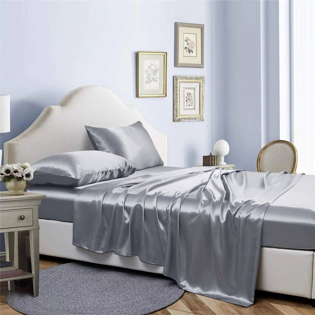 Bibb Home Satin 4 Piece Sheet Set Hypoallergenic 100% Polyester Deep Pocket Image 1