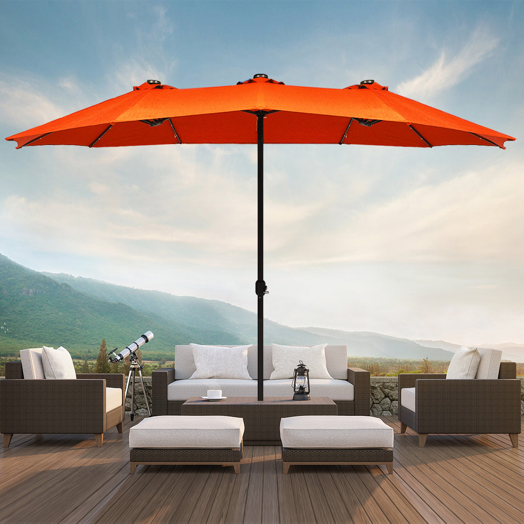 15Ft Patio Double-Sided Solar LED Market Umbrella Crank BeigeTanOrangeBurgundy Image 5