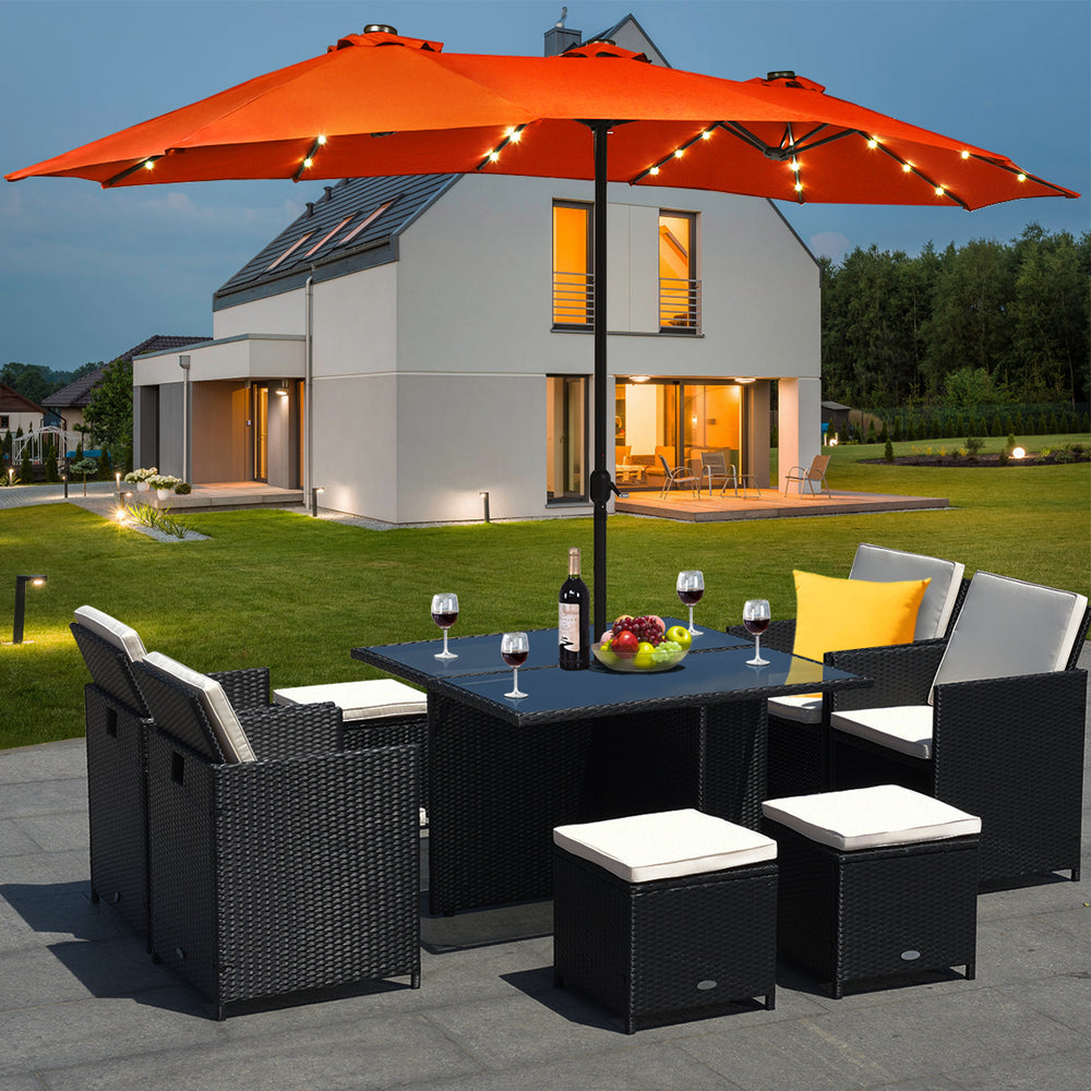 15Ft Patio Double-Sided Solar LED Market Umbrella Crank Base BeigeTanOrangeBurgundy Image 2