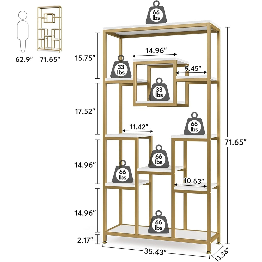 Tribesigns Tall Bookshelf 71.65" White Gold Metal Frame Open Display Shelf Image 6