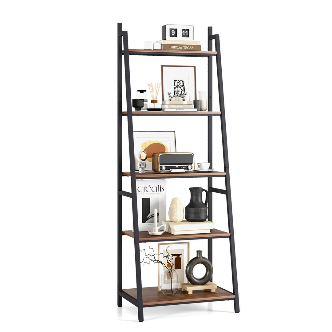 Industrial Ladder Shelf Rustic 5 Tier Leaning Bookshelf Wood Metal Bookcase Image 1