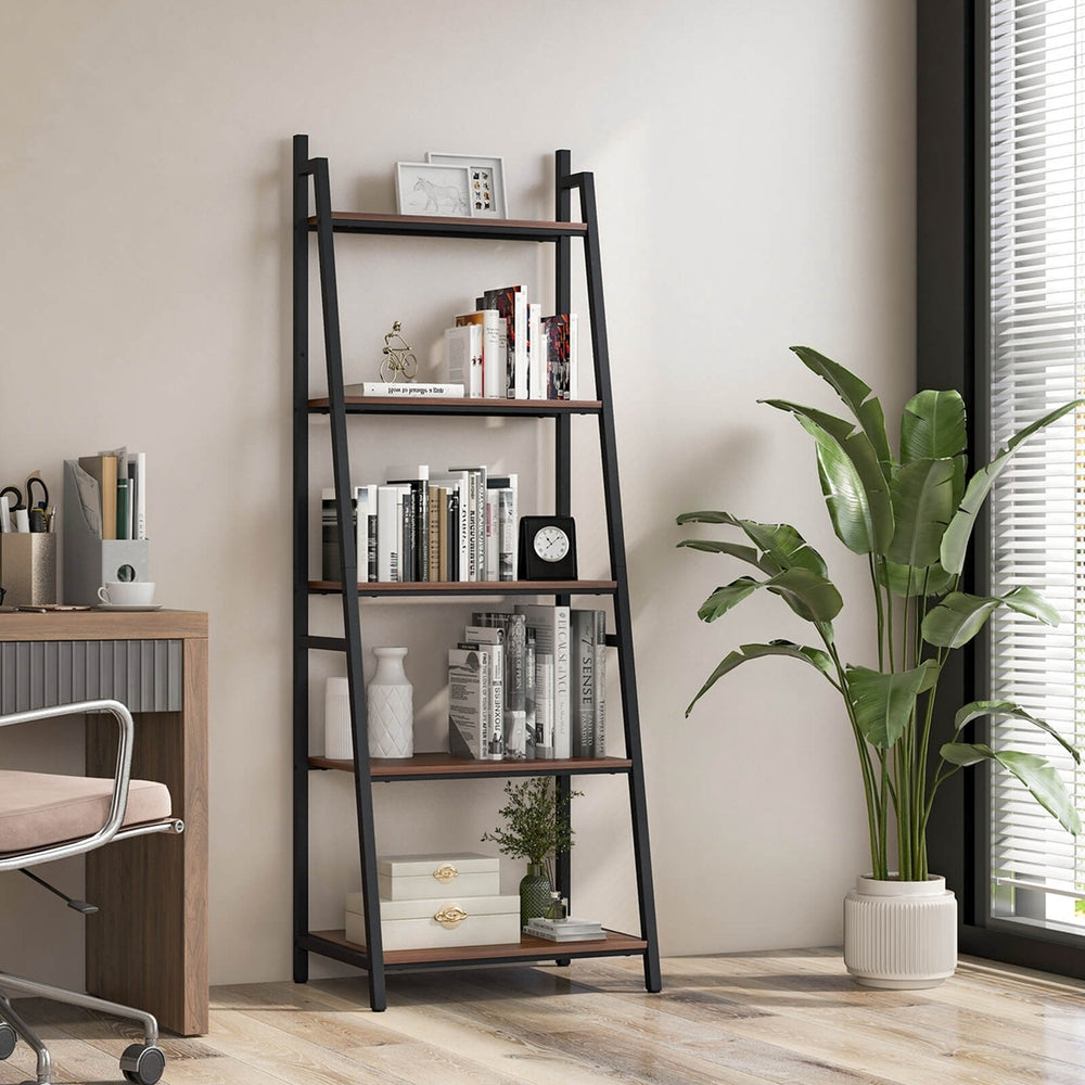 Industrial Ladder Shelf Rustic 5 Tier Leaning Bookshelf Wood Metal Bookcase Image 2