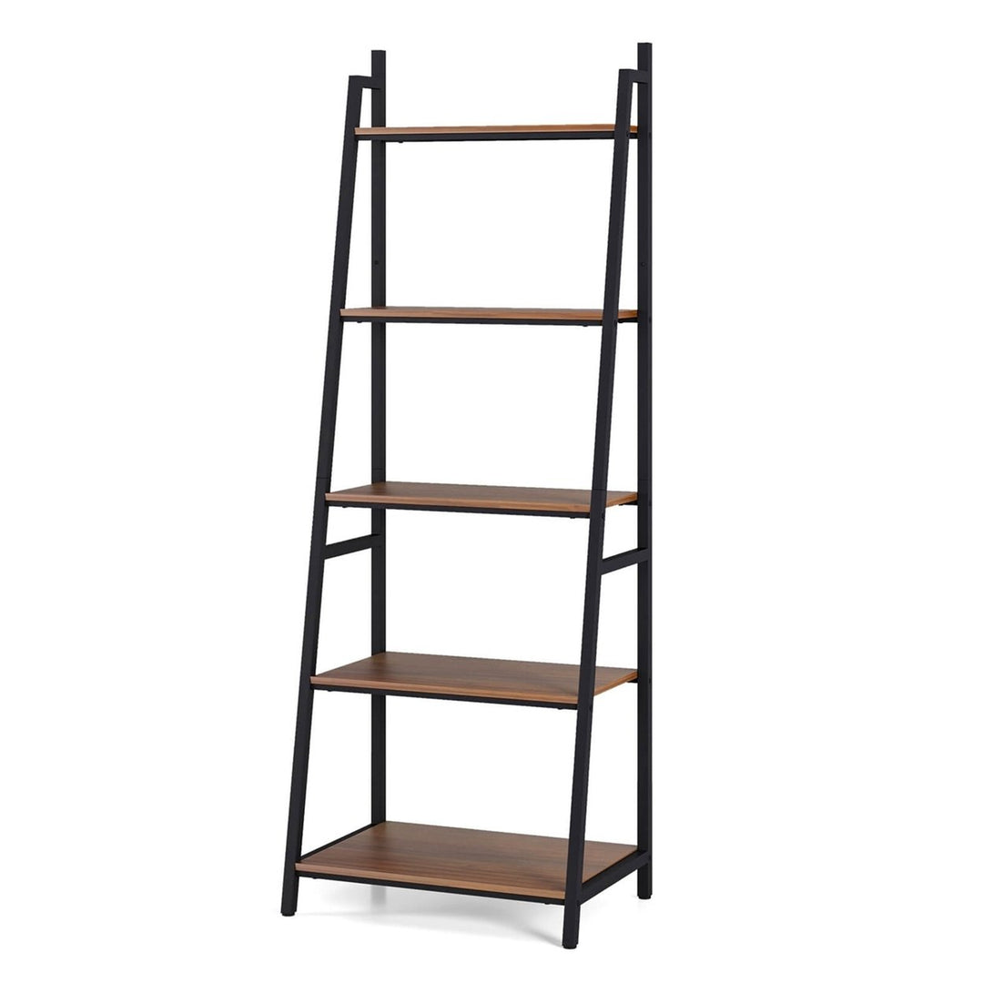 Industrial Ladder Shelf Rustic 5 Tier Leaning Bookshelf Wood Metal Bookcase Image 9