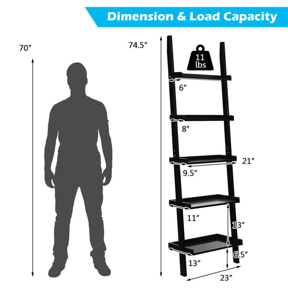 Ladder Shelf 5-Tier Plant Stand Wall-leaning Bookcase Display Rack Black Image 2