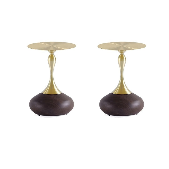 Modern Patchin End Table with Round Metal Base in Brown Wood with Gold Tabletop - Set of 2 Image 1