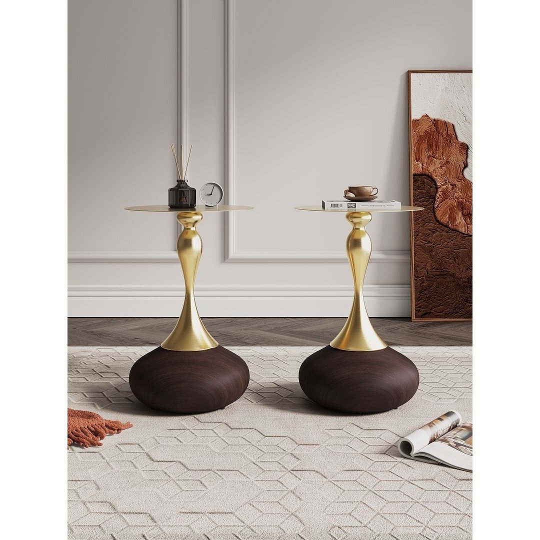 Modern Patchin End Table with Round Metal Base in Brown Wood with Gold Tabletop - Set of 2 Image 2