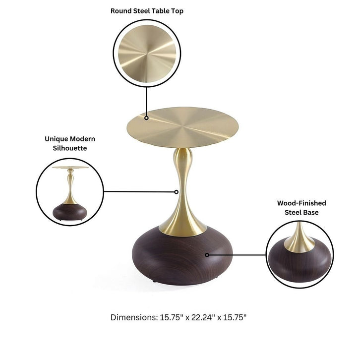 Modern Patchin End Table with Round Metal Base in Brown Wood with Gold Tabletop - Set of 2 Image 4