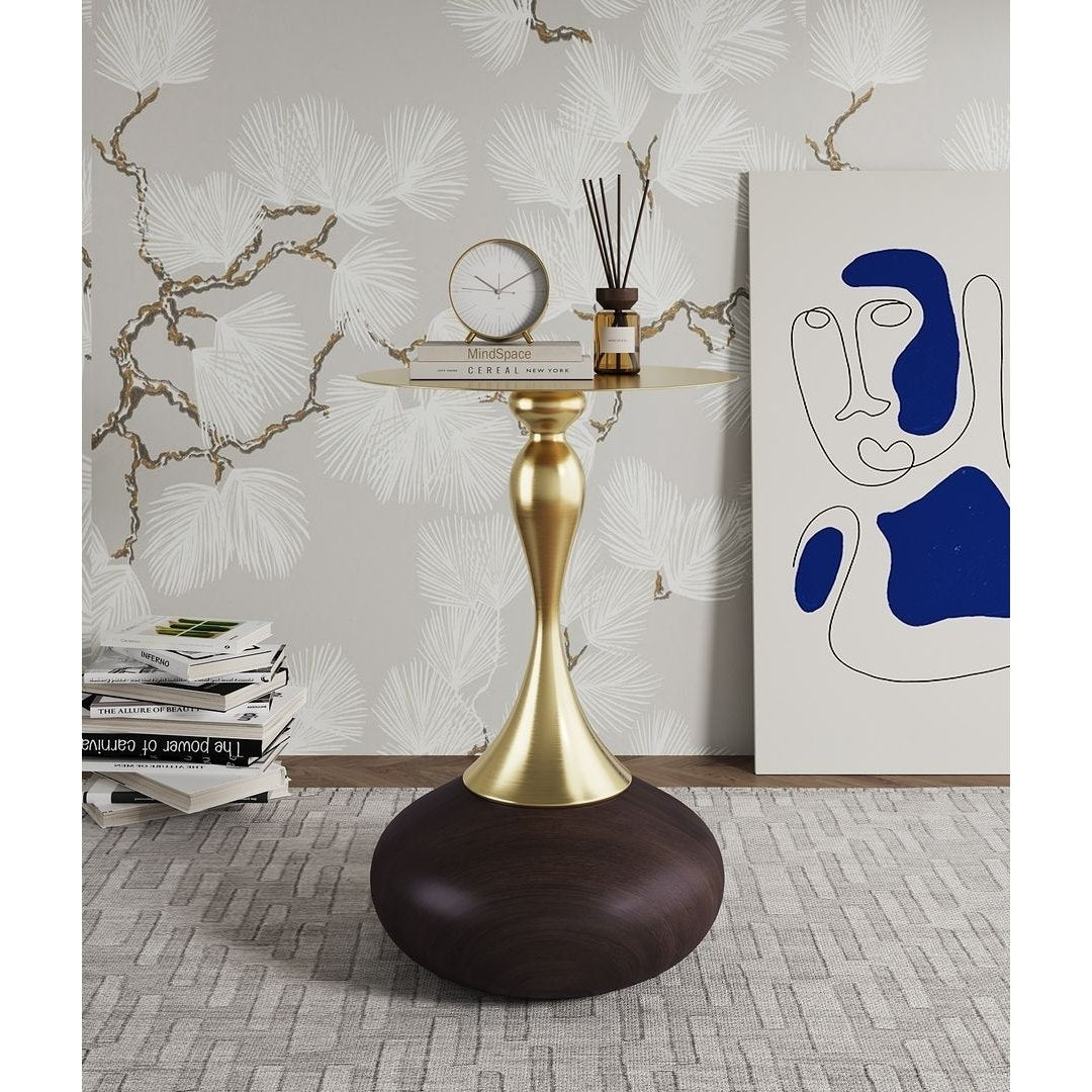 Modern Patchin End Table with Round Metal Base in Brown Wood with Gold Tabletop Image 1