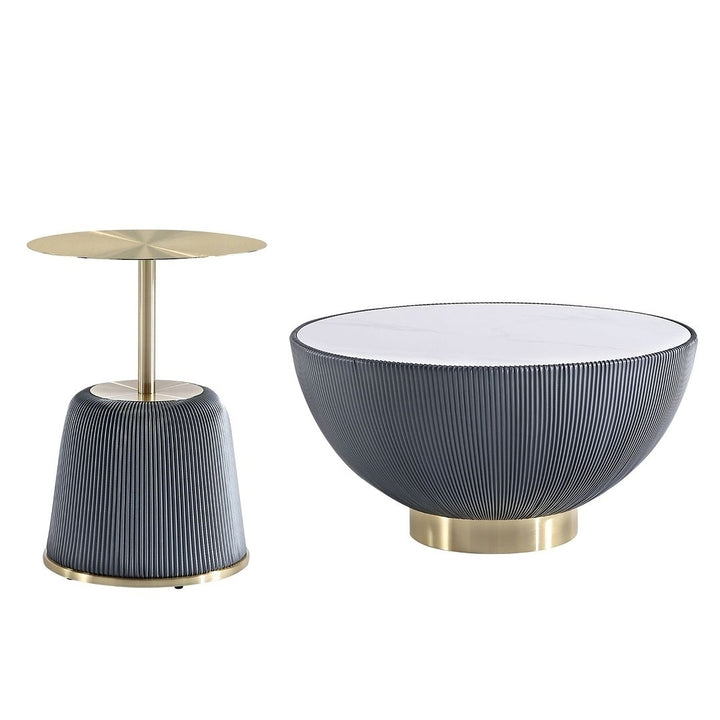 Modern Anderson Coffee Table and End Table 1.0 Upholstered Leatherette with Ceramic Faux Tabletop and Gold Metal Image 1