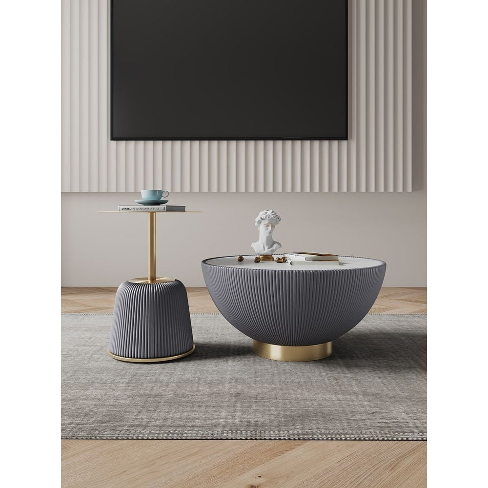 Modern Anderson Coffee Table and End Table 1.0 Upholstered Leatherette with Ceramic Faux Tabletop and Gold Metal Image 2