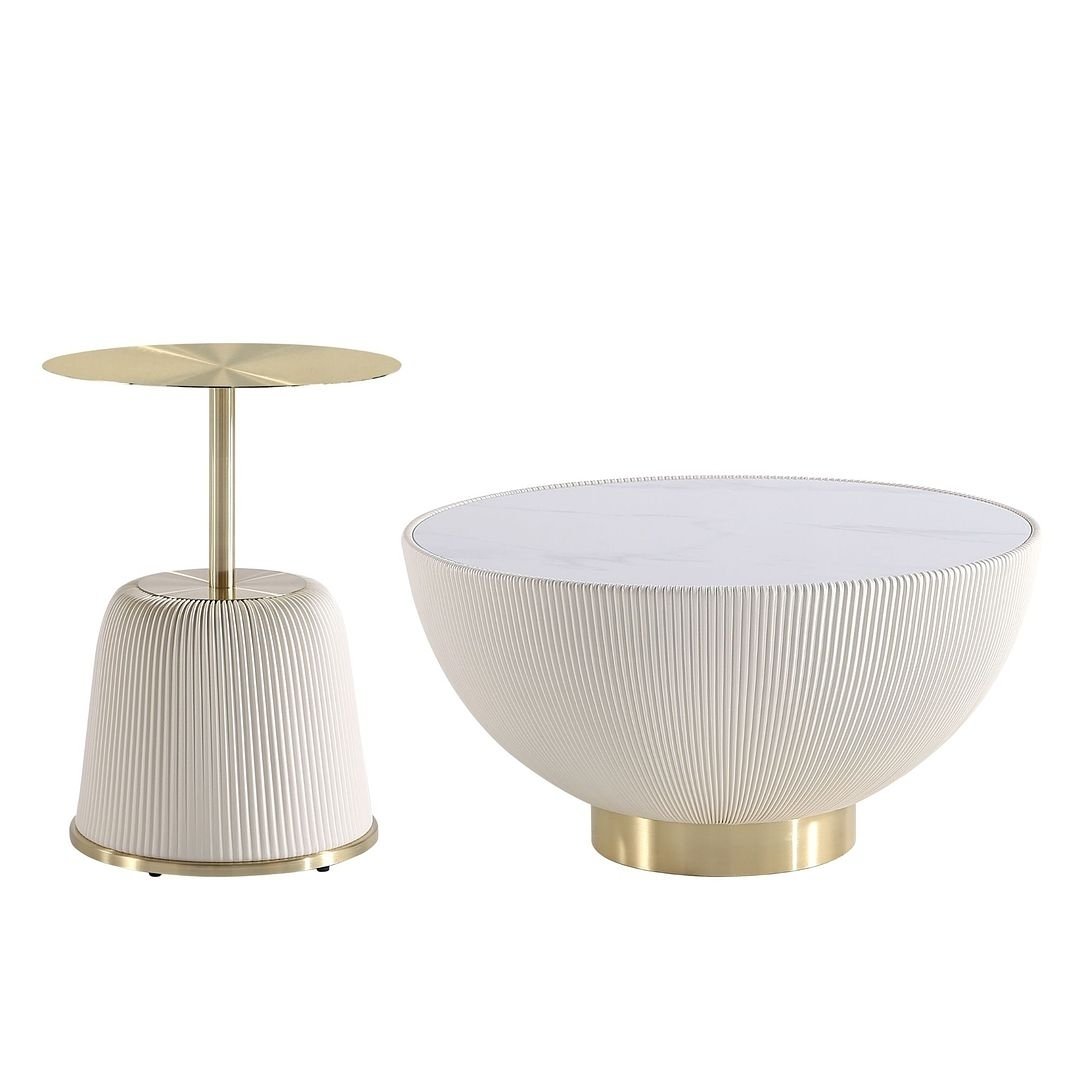 Modern Anderson Coffee Table and End Table 1.0 Upholstered Leatherette with Ceramic Faux Tabletop and Gold Metal Image 4