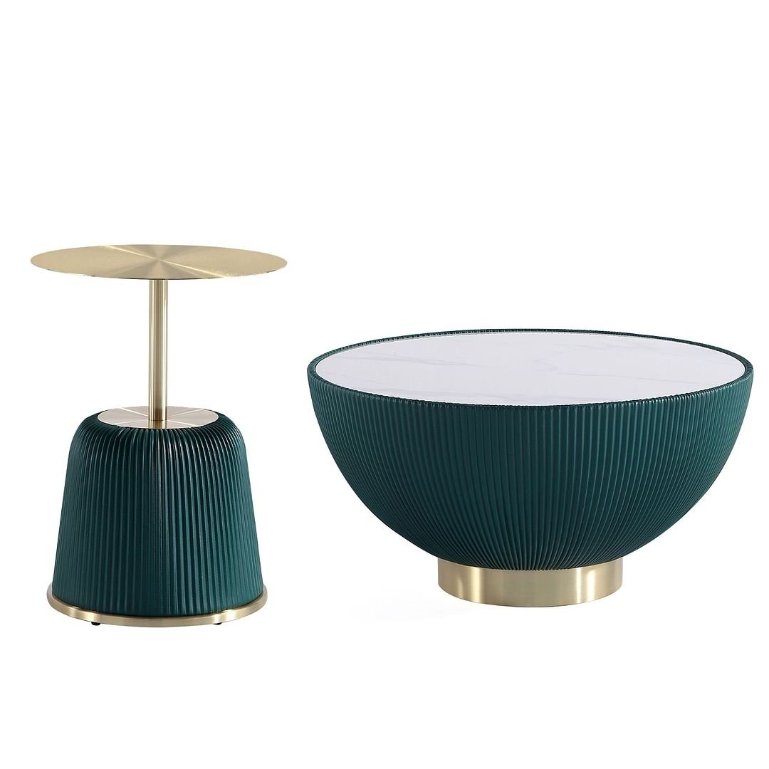 Modern Anderson Coffee Table and End Table 1.0 Upholstered Leatherette with Ceramic Faux Tabletop and Gold Metal Image 6