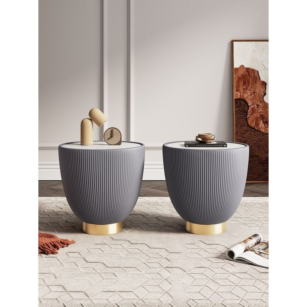 Modern Anderson End Table 2.0 Upholstered Leatherette with Ceramic Faux Marble Tabletop - Set of 2 Image 2