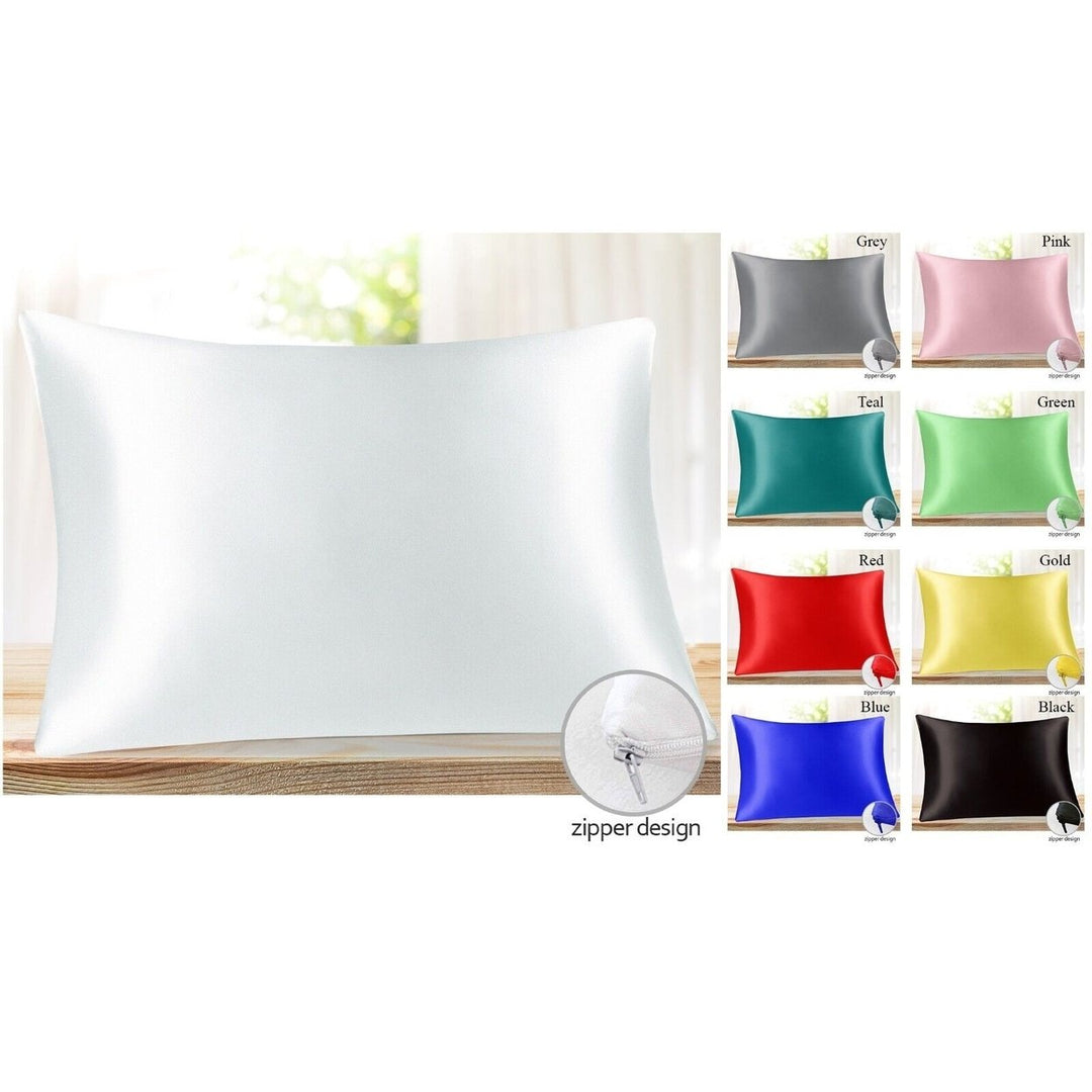 Queen Satin Pillowcase Protectors Multi-Pack Cooling Ultra Soft Zippered Covers Image 1