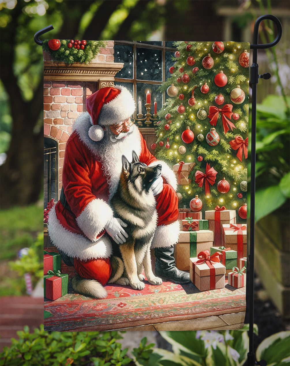 Norwegian Elkhound and Santa Claus Garden Flag Image 3