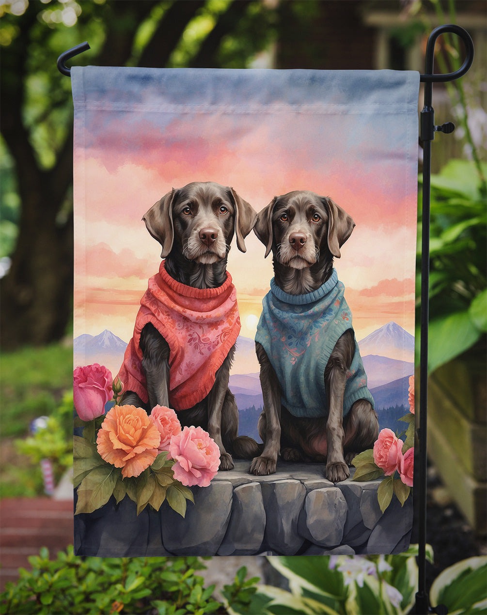 German Wirehaired Pointer Two Hearts Garden Flag Image 3