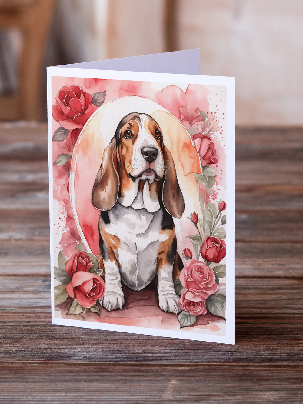 Basset Hound Valentine Roses Greeting Cards Pack of 8 Image 2