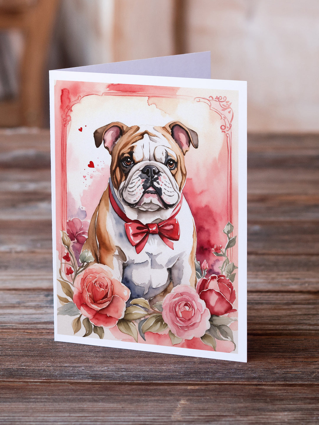 English Bulldog Valentine Roses Greeting Cards Pack of 8 Image 2