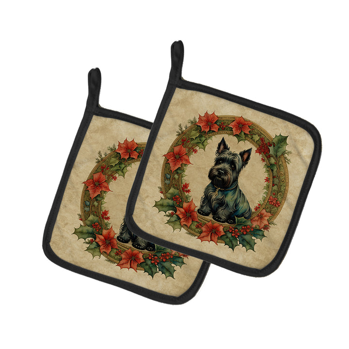 Scottish Terrier Christmas Flowers Pair of Pot Holders Image 1