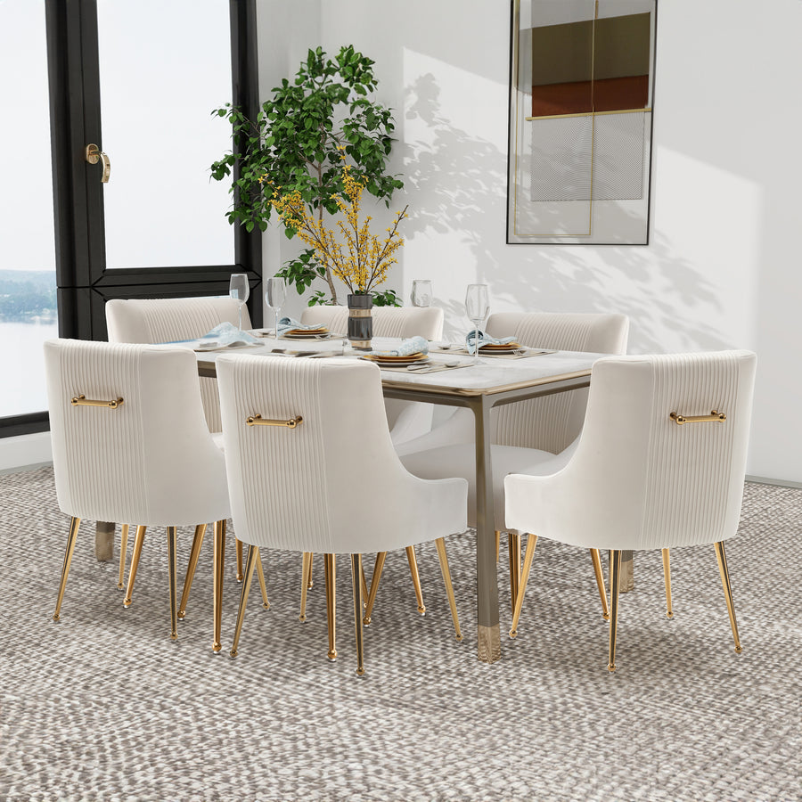 SEYNAR Modern Glam Boucle Pleated Velvet Dining Chair or Vanity Chair Set of 6 with Rear Handle Image 1